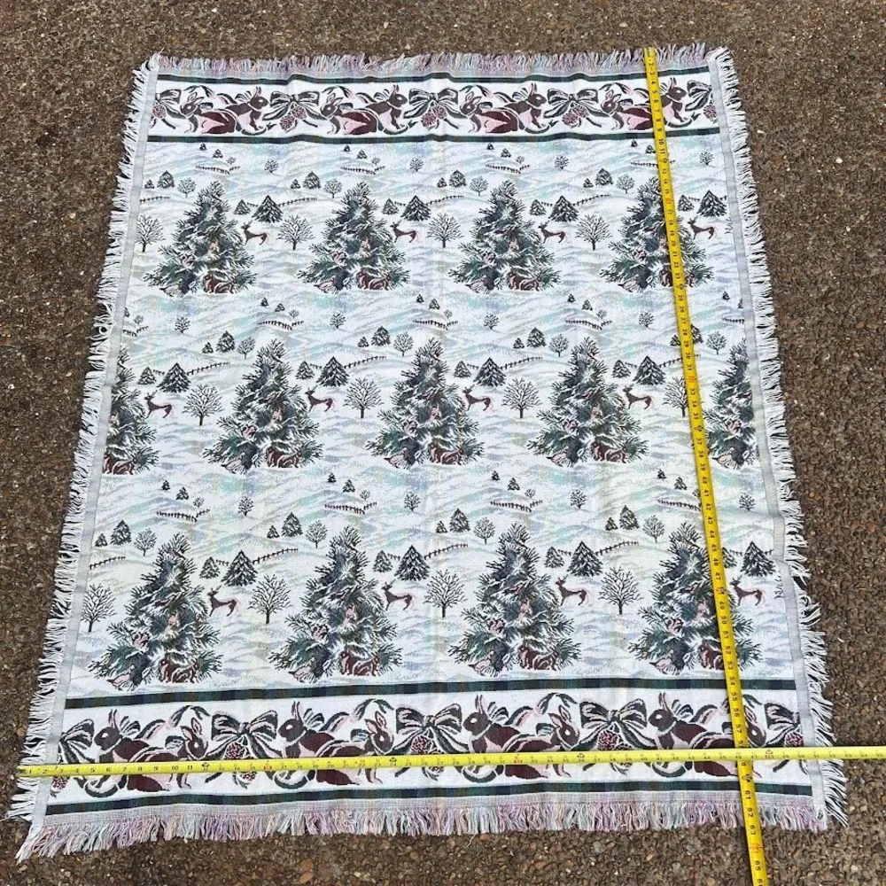Vintage Winter Woodland Woven Tapestry Throw Blanket Christmas Trees Deer Rabbit